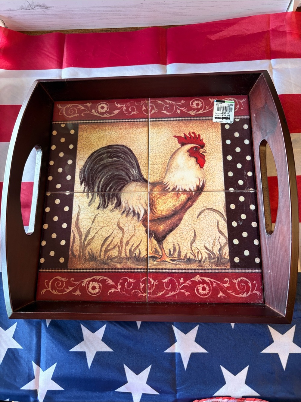 Rooster Decorative Serving Tray in Red and Brown